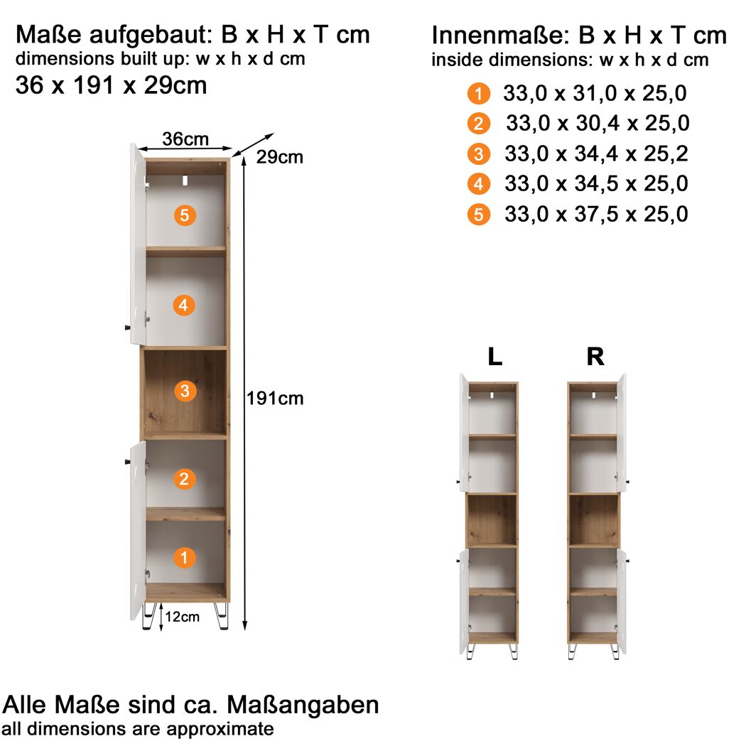 Weißer Hochschrank mit offenen Fächern und Maßen