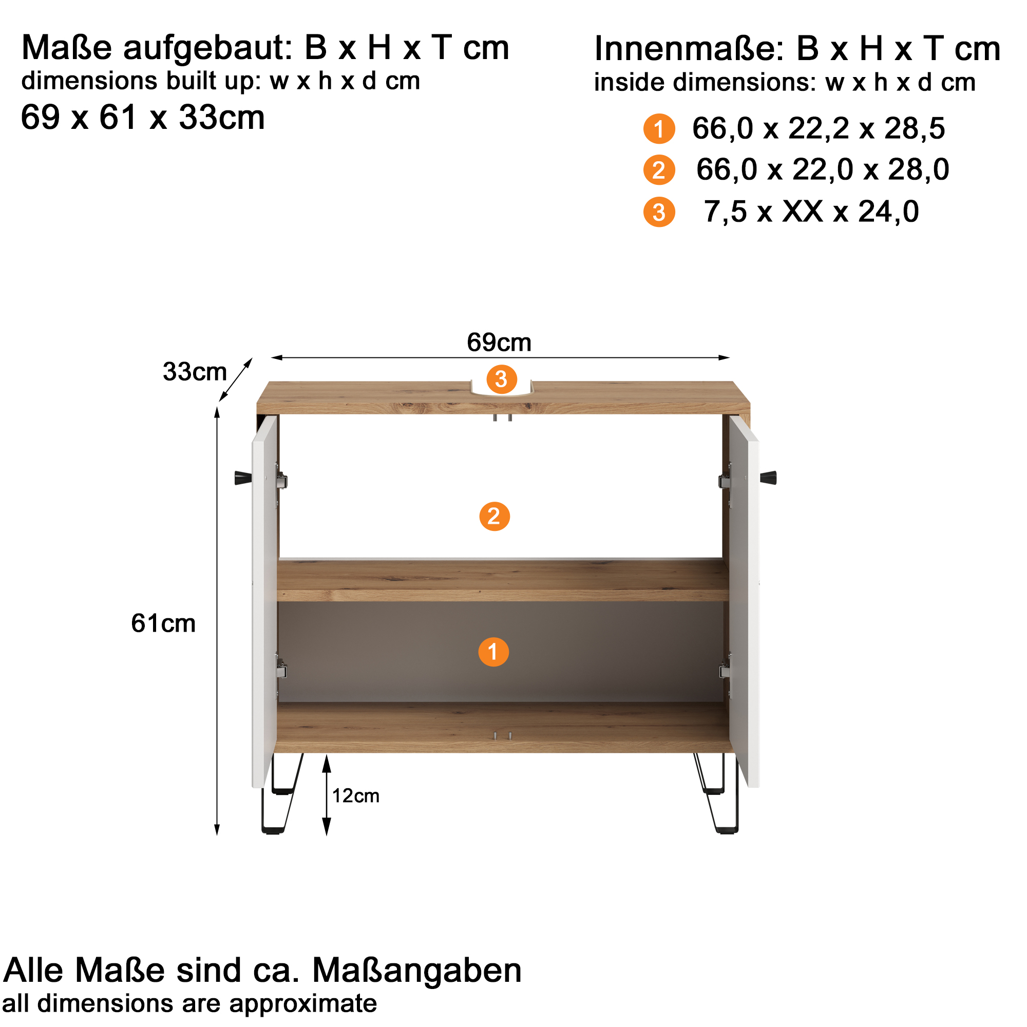 Waschbeckenunterschrank 'Touch' weiß, braun matt 69 x 61 x 33 cm + product picture