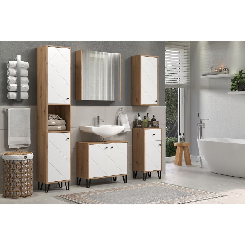 Weißer Waschbeckenunterschrank mit Spiegelschrank