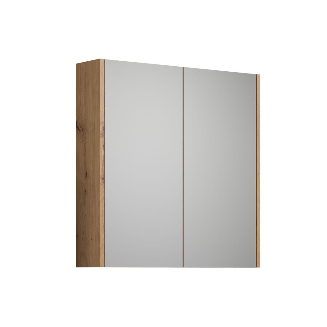 Spiegelschrank mit zwei Spiegeltüren und Holzrahmen.