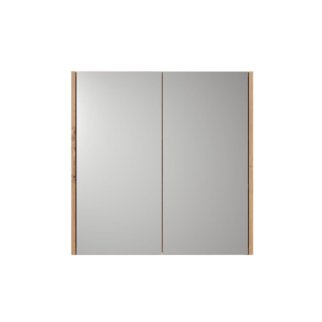 Doppelter Spiegelschrank mit Holzrahmen.