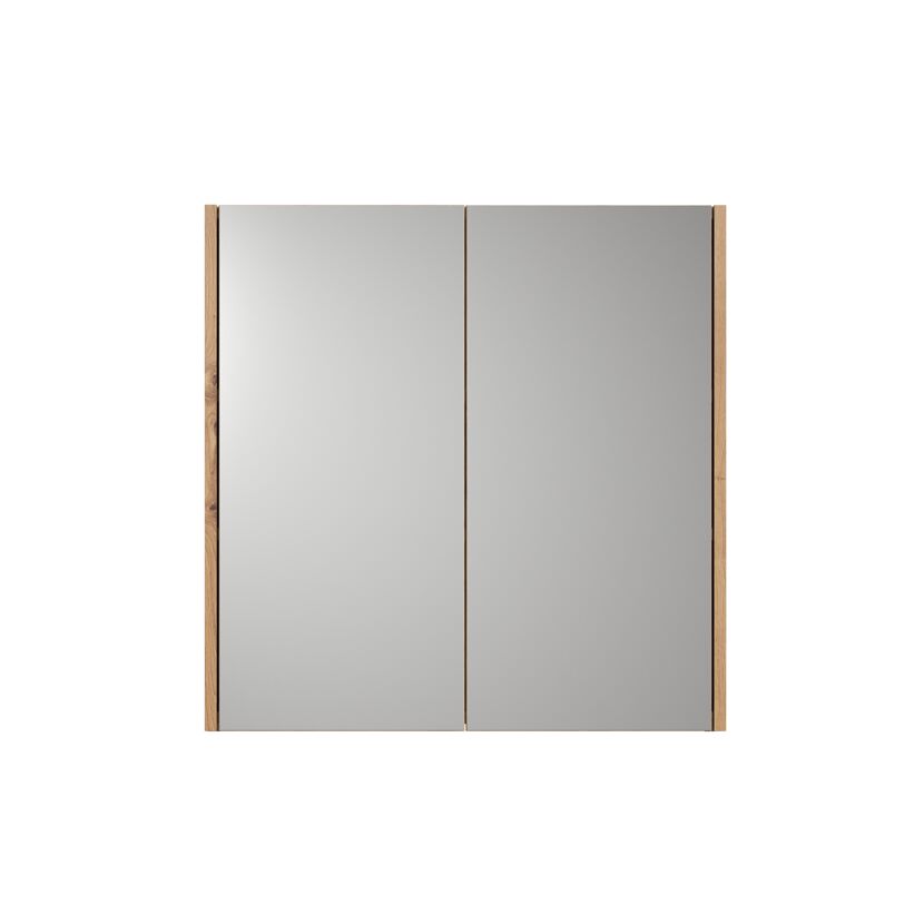 Doppelter Spiegelschrank mit Holzrahmen.