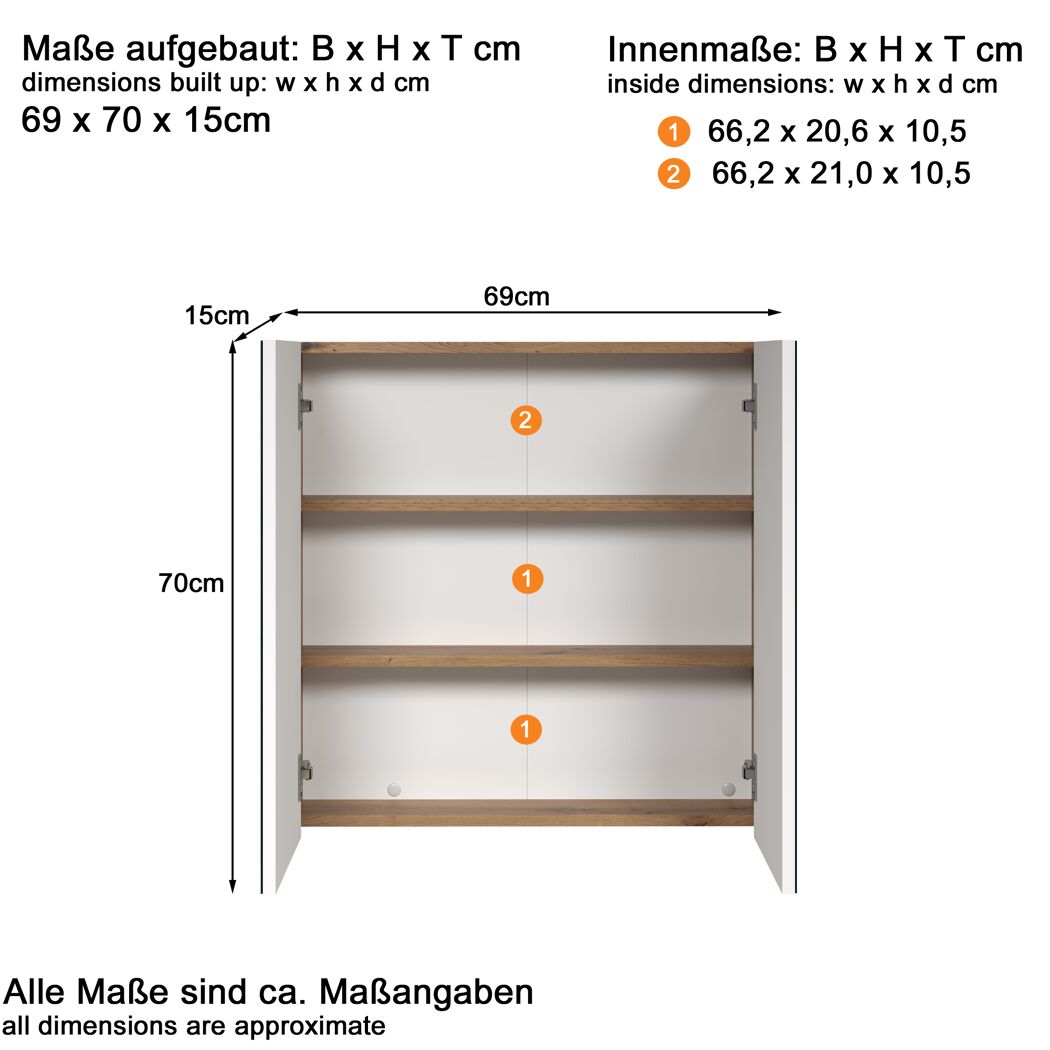 Weißer Spiegelschrank mit geöffneten Türen und Maßen