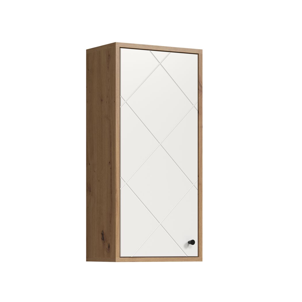 Hängeschrank mit weißer Tür und dunklem Holzrahmen.