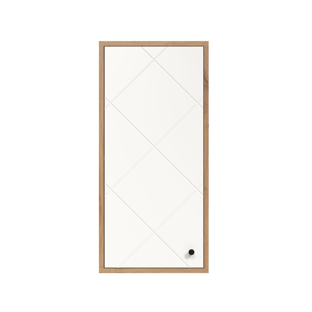 Weißer Hängeschrank mit diagonalen Linien und einem runden, schwarzen Knauf.