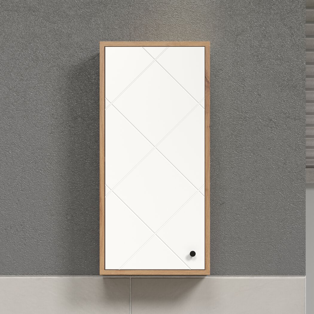 Weißer Hängeschrank mit Holztürrahmen und rundem Knauf.