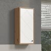 Weißer Hängeschrank mit Holzeinfassung und diagonal verlaufenden Linien