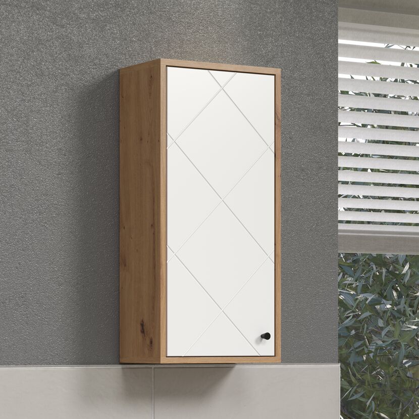 Weißer Hängeschrank mit Holzeinfassung und diagonal verlaufenden Linien