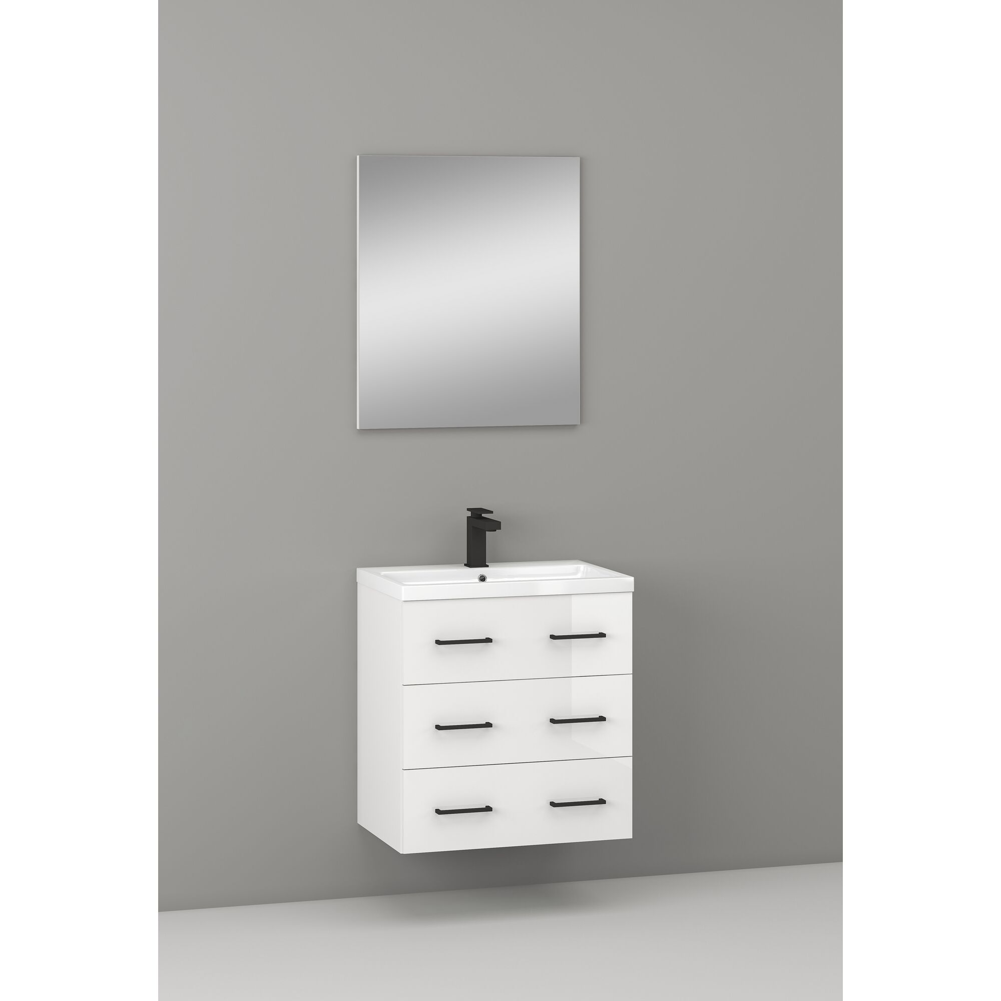 Weißer Waschtisch mit drei Schubladen und Spiegel