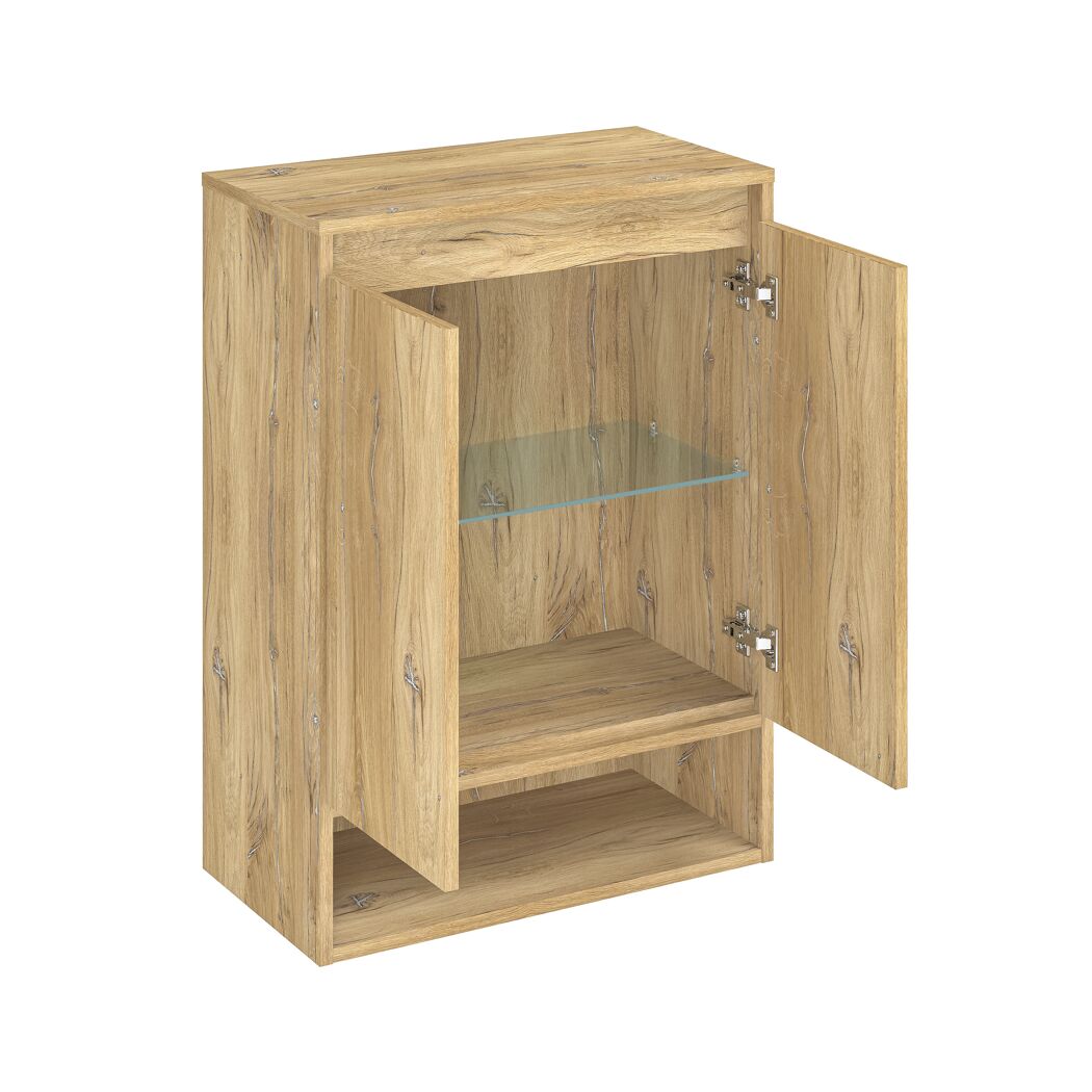 Offener Hängeschrank aus Holz mit Glasboden.
