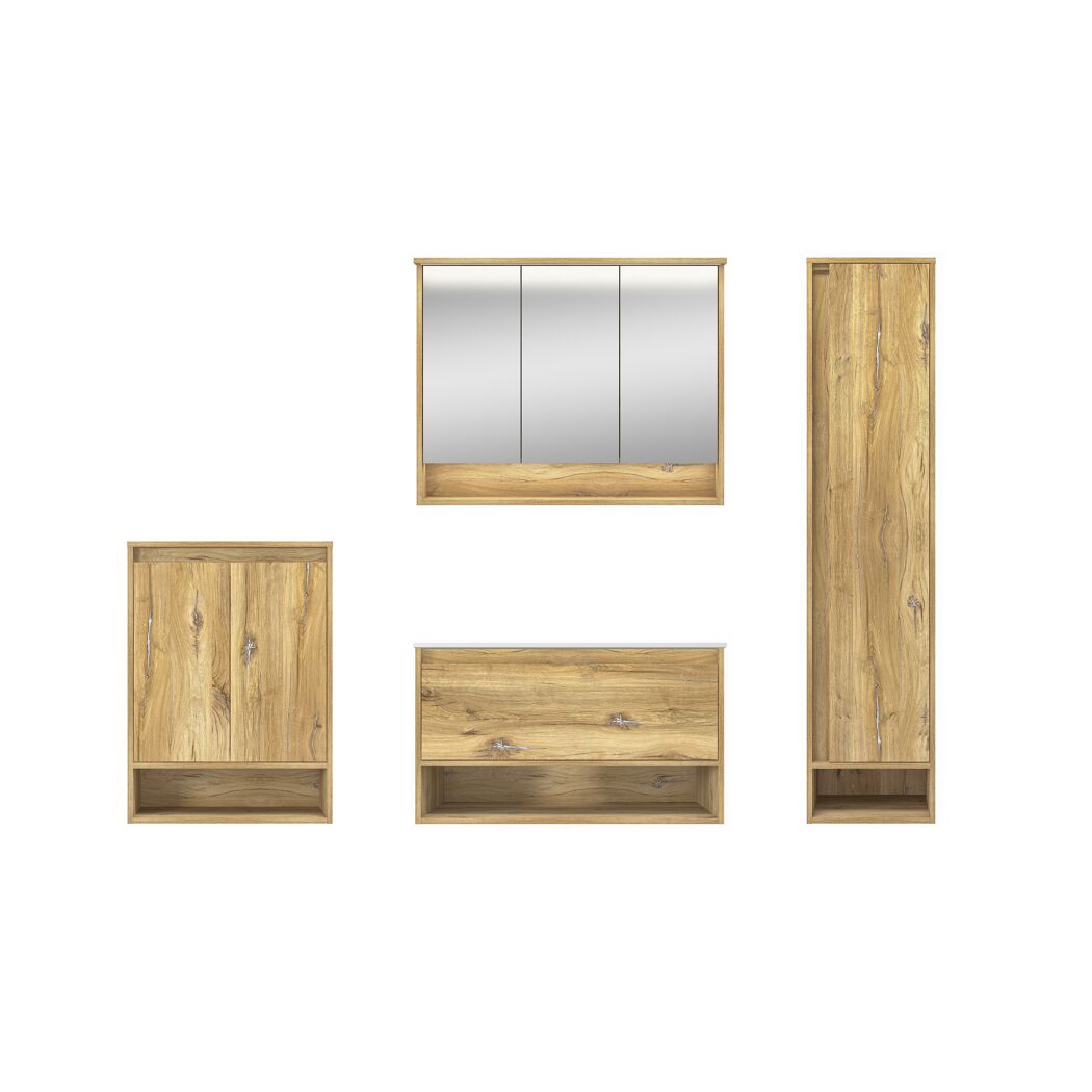 Holz Badezimmermöbel Set mit Spiegel, Waschbeckenunterschrank und Hochschrank.