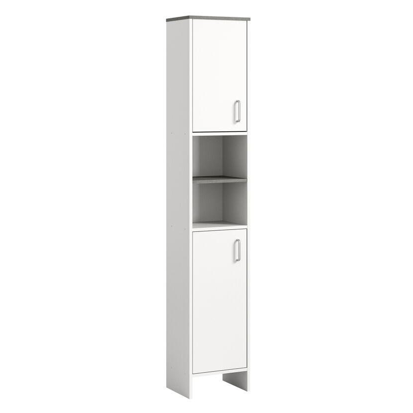 Weißer Hochschrank mit offener Ablage und grauer Ablagefläche.