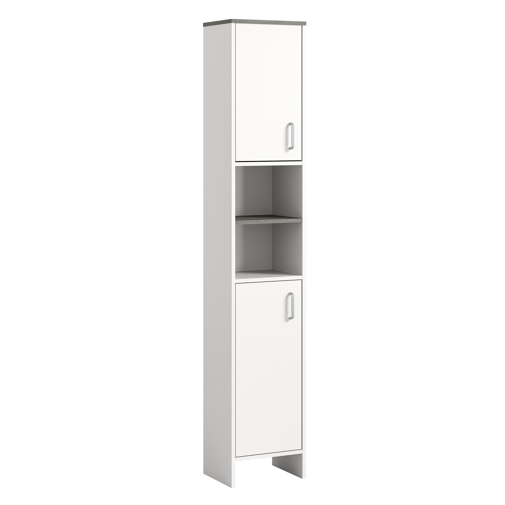 Weißer Hochschrank mit offener Ablage und grauer Ablagefläche.