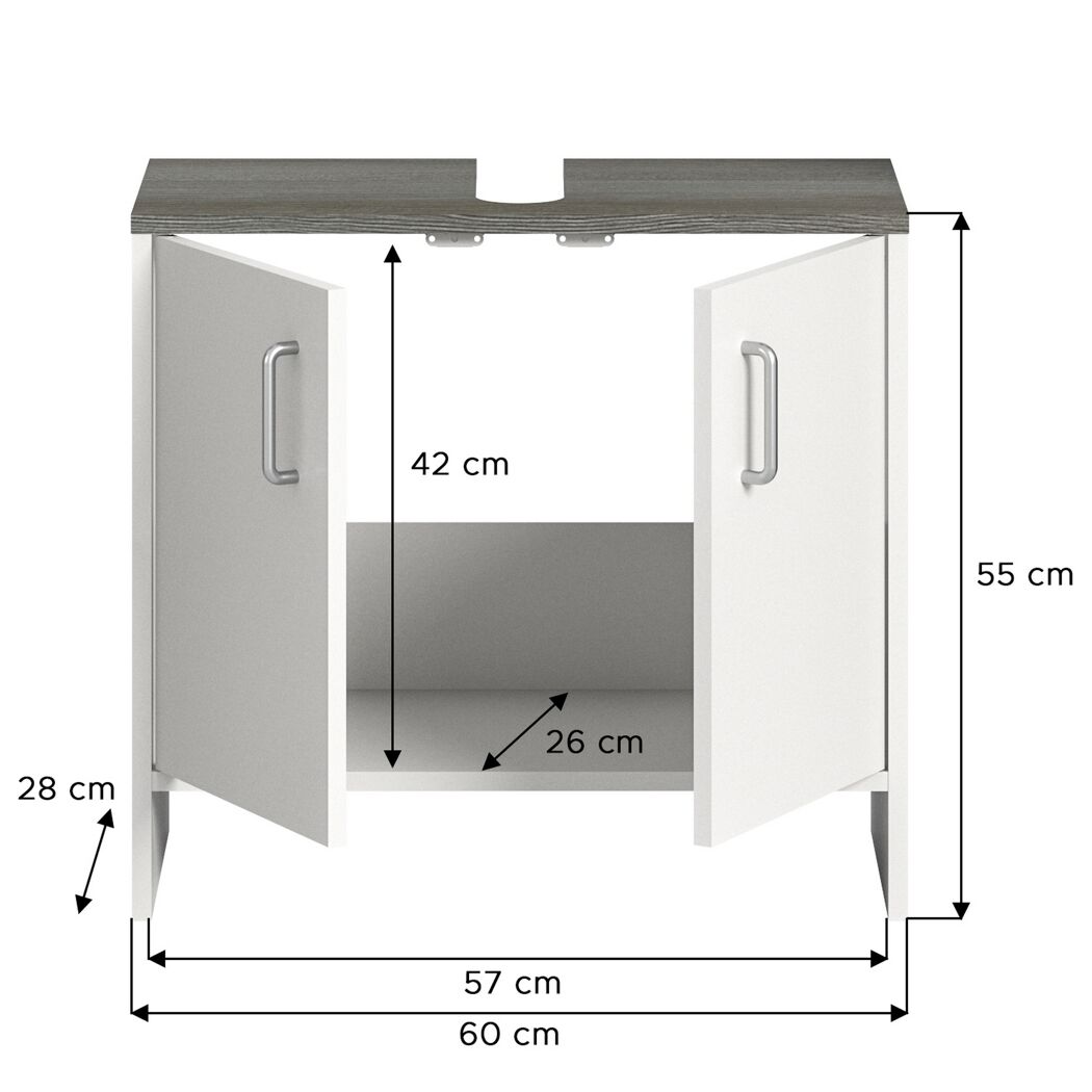 Weißer Waschtischunterschrank mit zwei Türen und grauer Abdeckung.