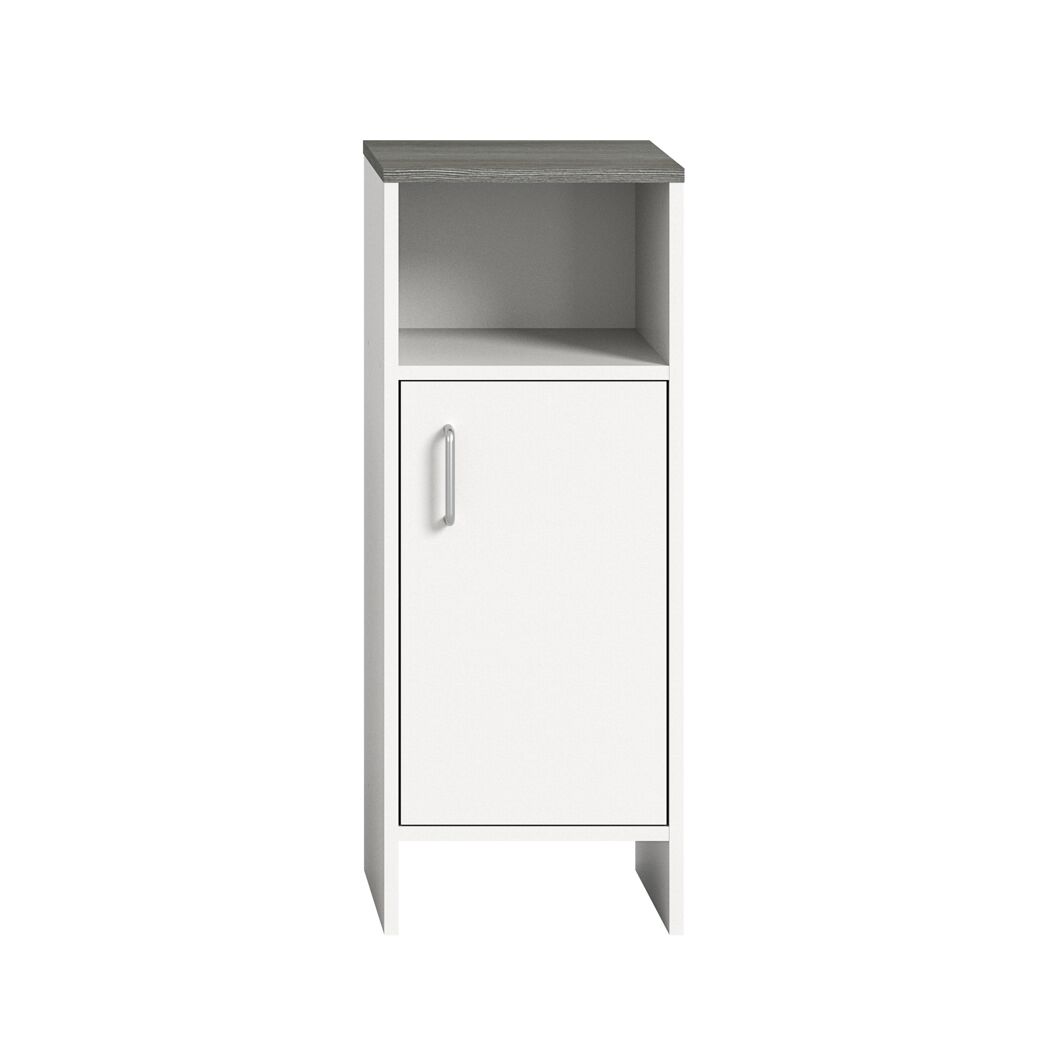 Weißer Standschrank mit grauer Ablage und silbernem Griff.