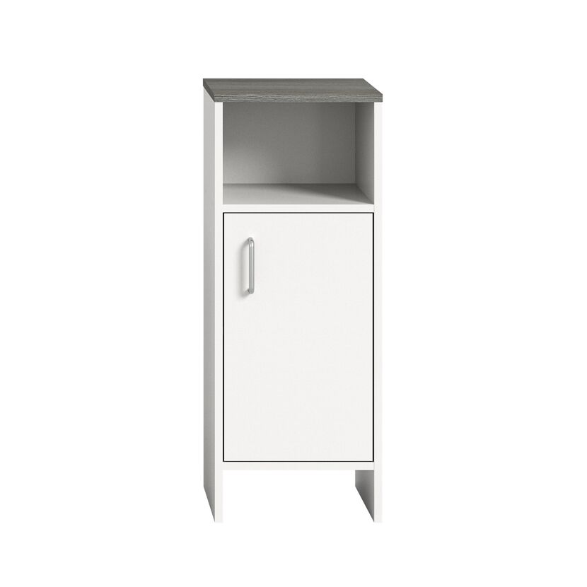 Weißer Standschrank mit grauer Ablage und silbernem Griff.