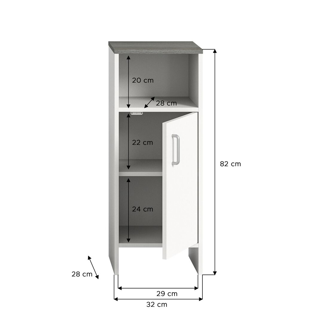 Weißer Standschrank mit grau-meliertfarbener Oberseite.