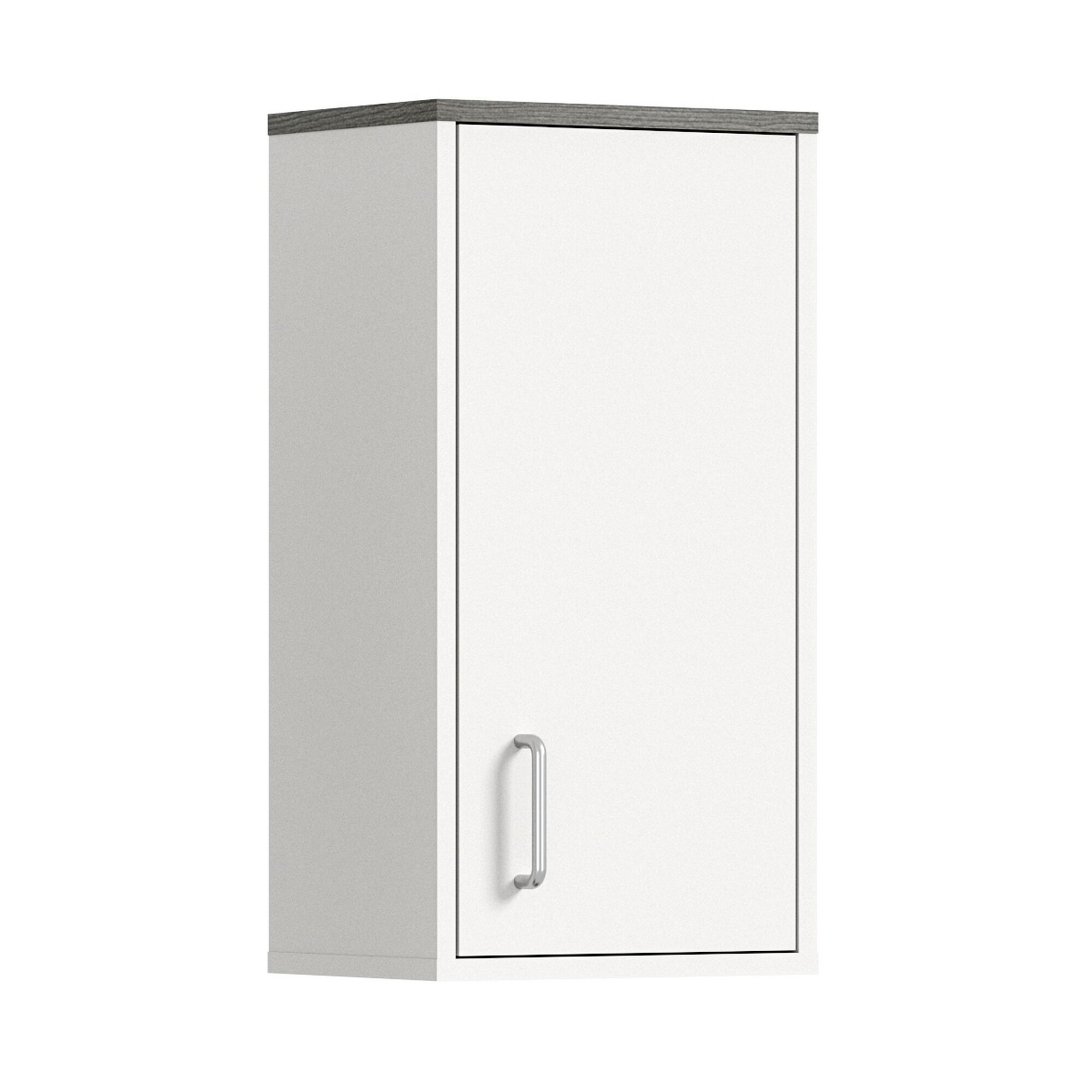Weißer Hängeschrank mit silbernem Griff und grauer Oberseite.
