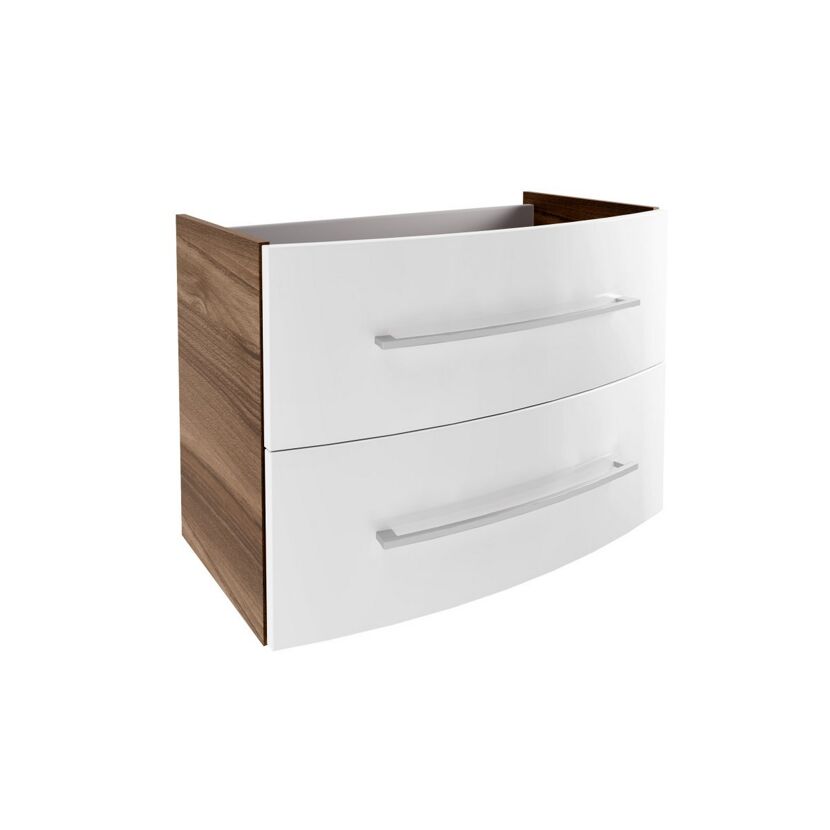 Weißer Waschbeckenunterschrank mit zwei Schubladen.
