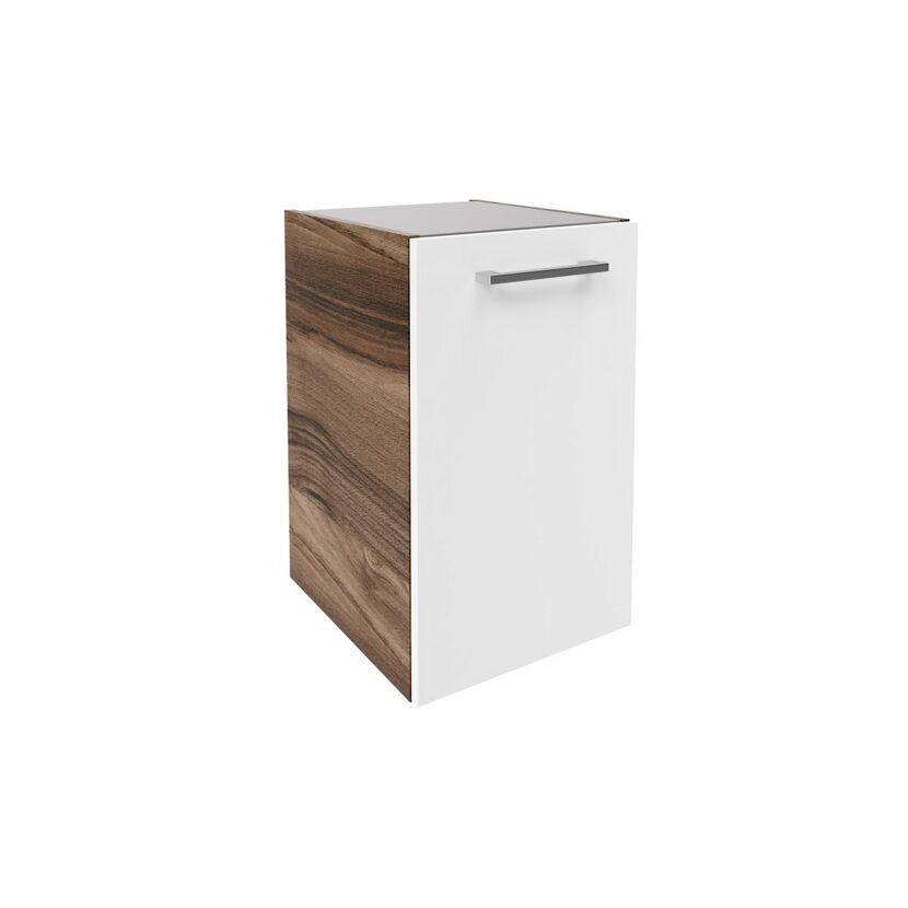 Weißer Hängeschrank mit brauner Seitenwand und silbernem Griff.