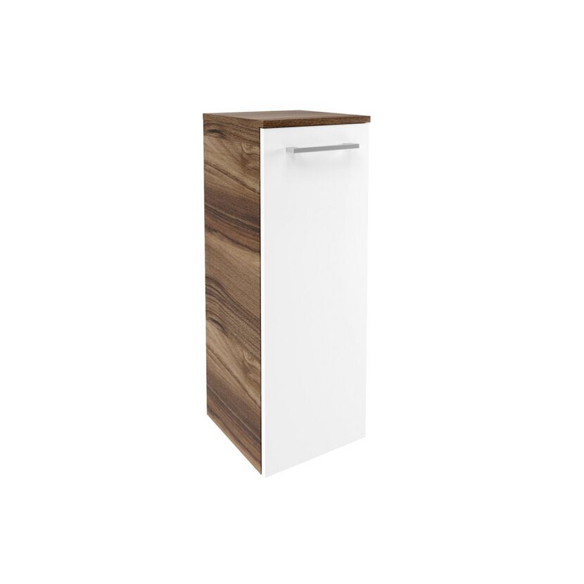 Weißer Hochschrank mit brauner Seitenwand und silbernem Griff