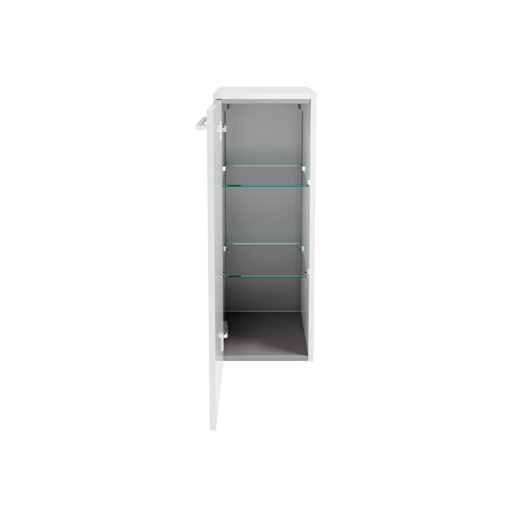 Weißer Hochschrank mit offener Tür und drei Glasböden.