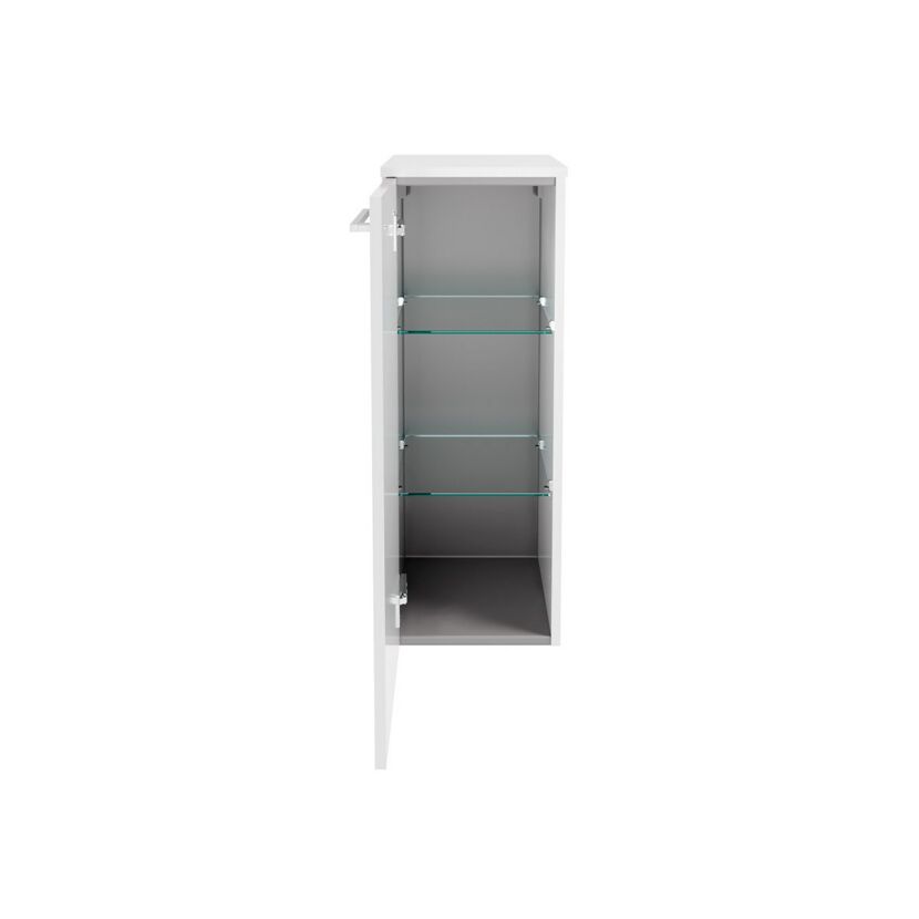 Weißer Hochschrank mit offener Tür und drei Glasböden.