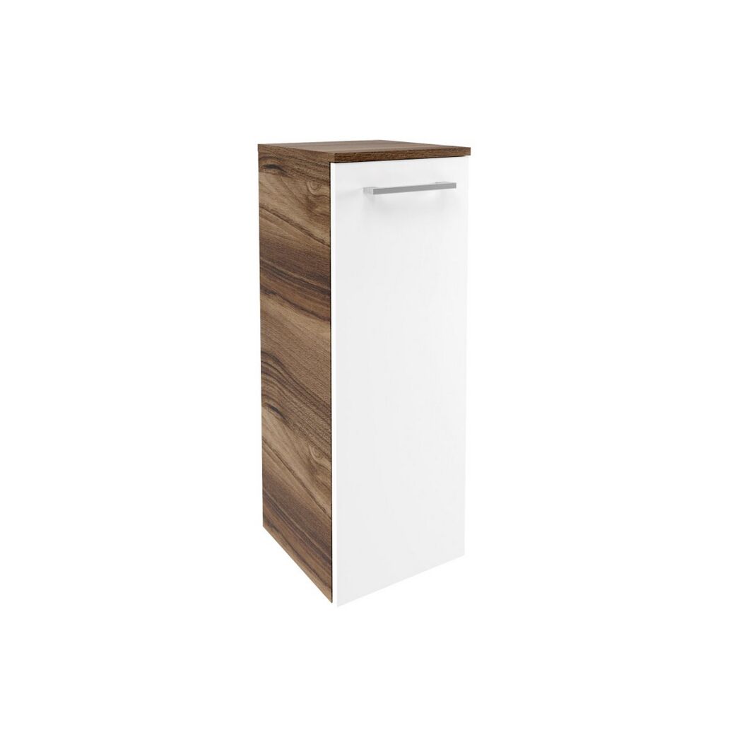 Weißer Hochschrank mit brauner Abdeckung und silbernem Griff