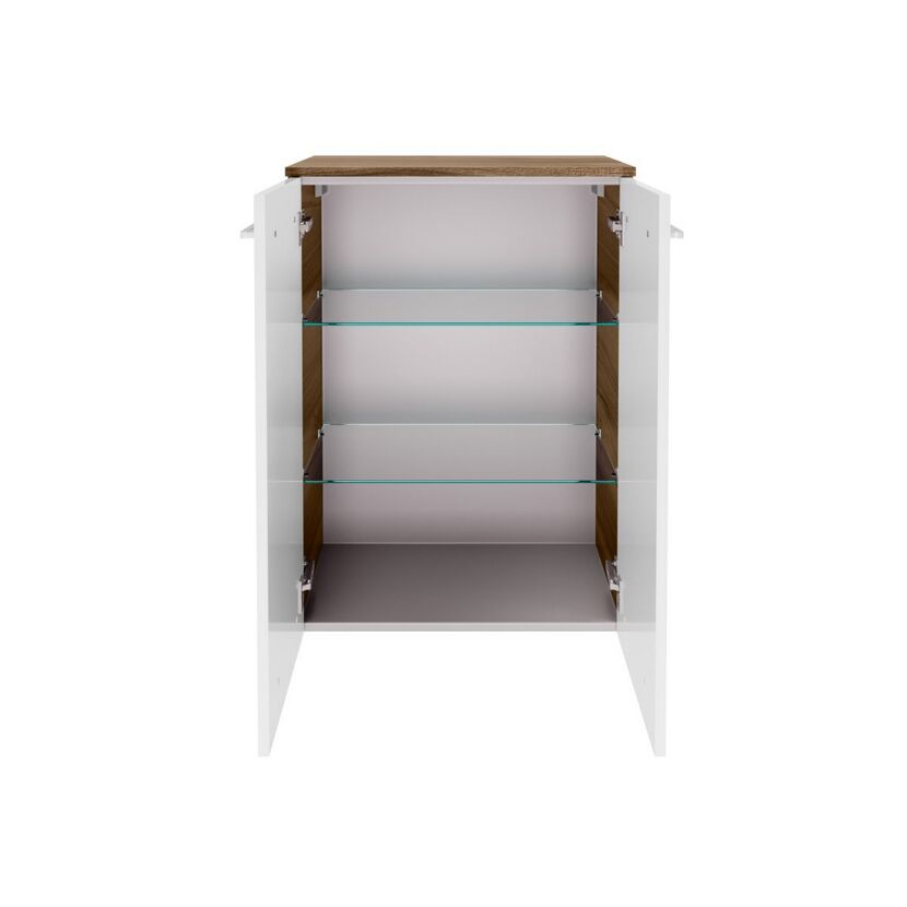 Kleiner weißer Hängeschrank mit drei Einlegeböden aus Glas, Türen geöffnet.