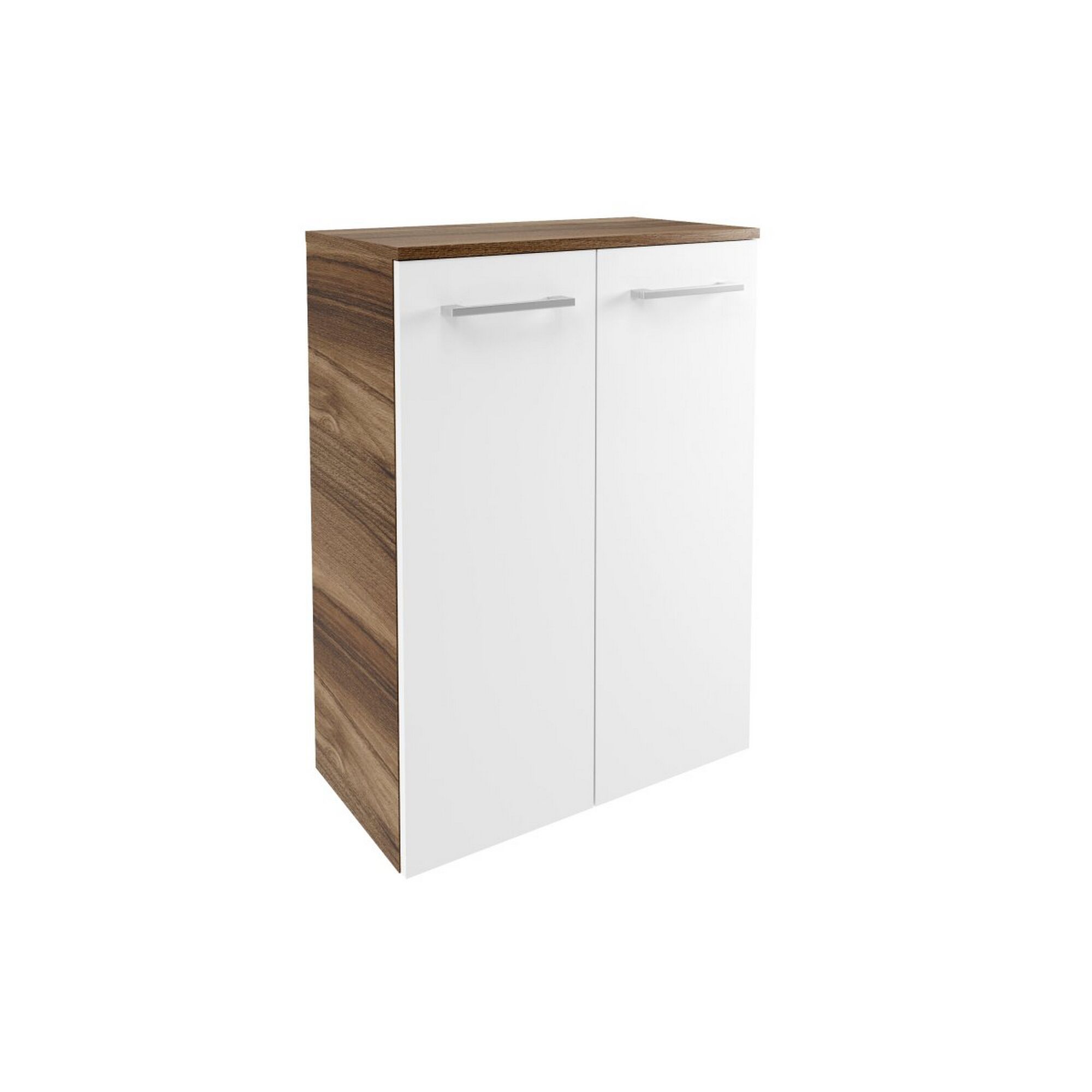 Weißer Wandschrank mit zwei Türen und brauner Oberseite.