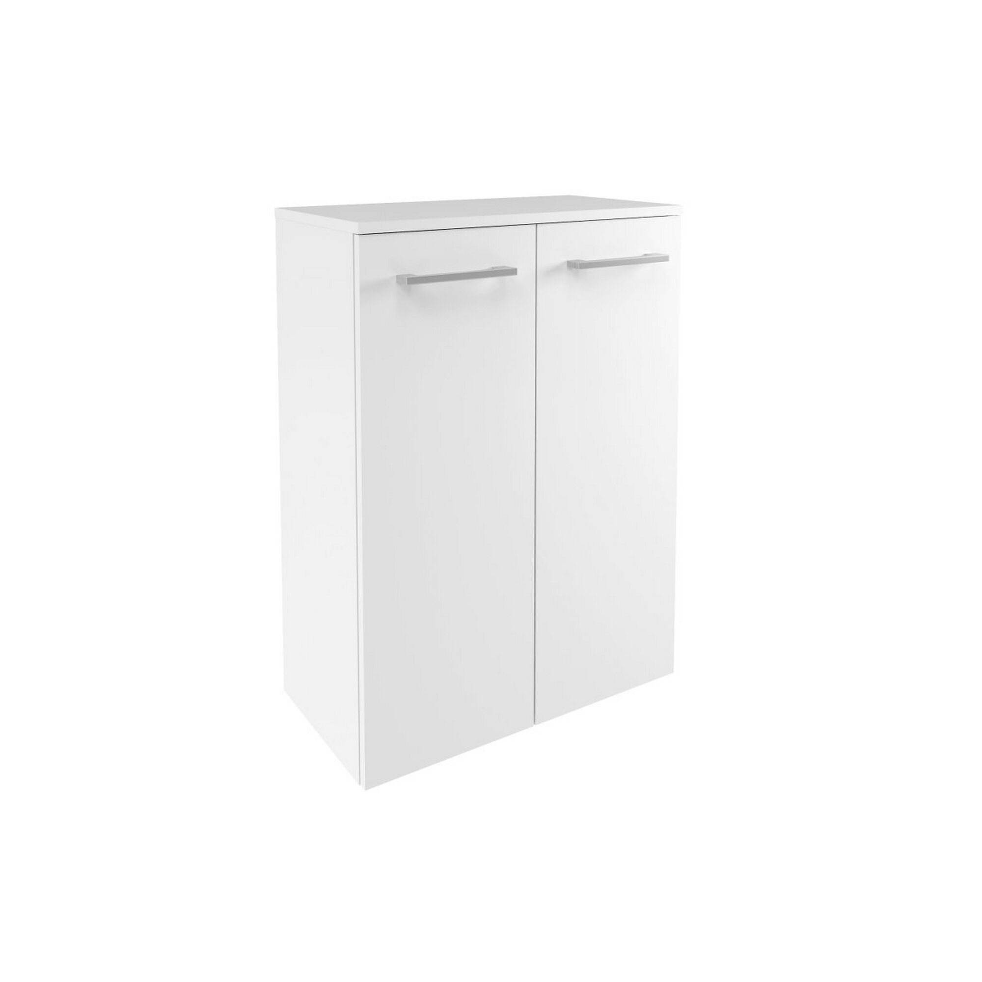 Weißer Hochschrank mit zwei Türen und silbernen Griffen.