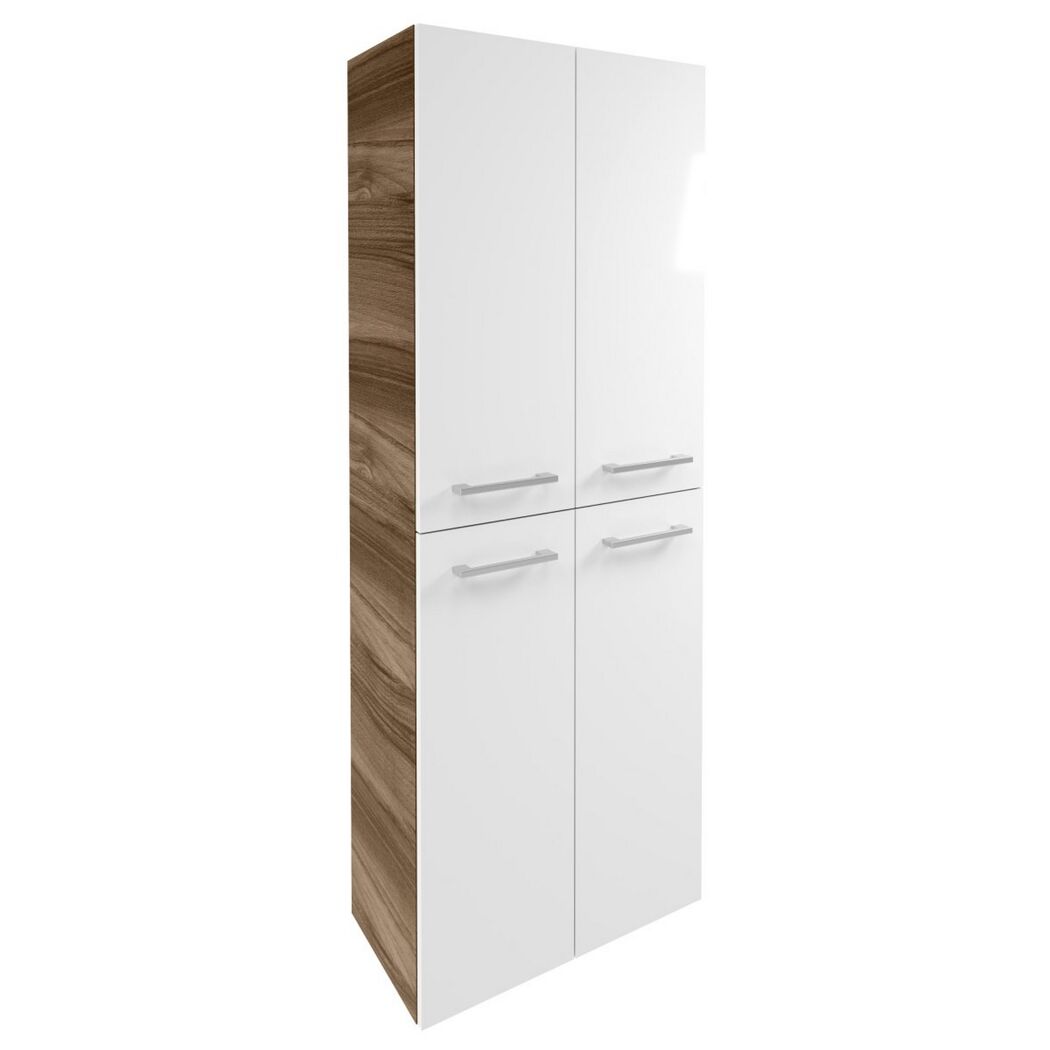 Weißer Hochschrank mit vier Türen und Holzdekor