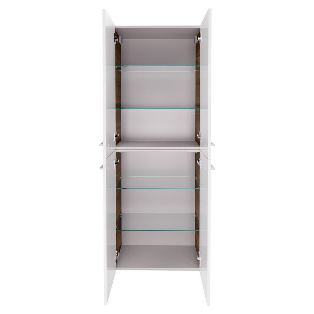 Weißer Hochschrank mit offenen Türen und Glasböden