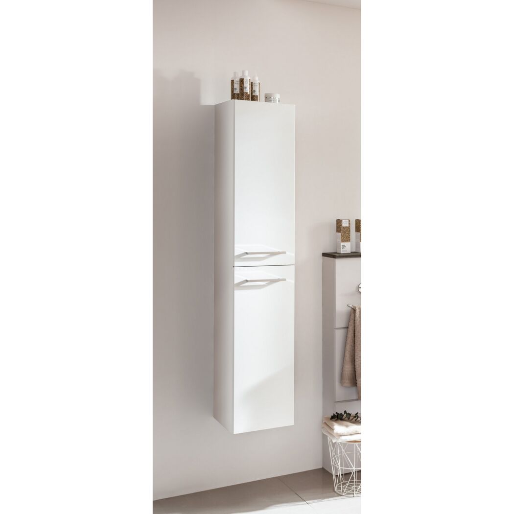 Weißer Hochschrank mit zwei Türen und silbernen Griffen
