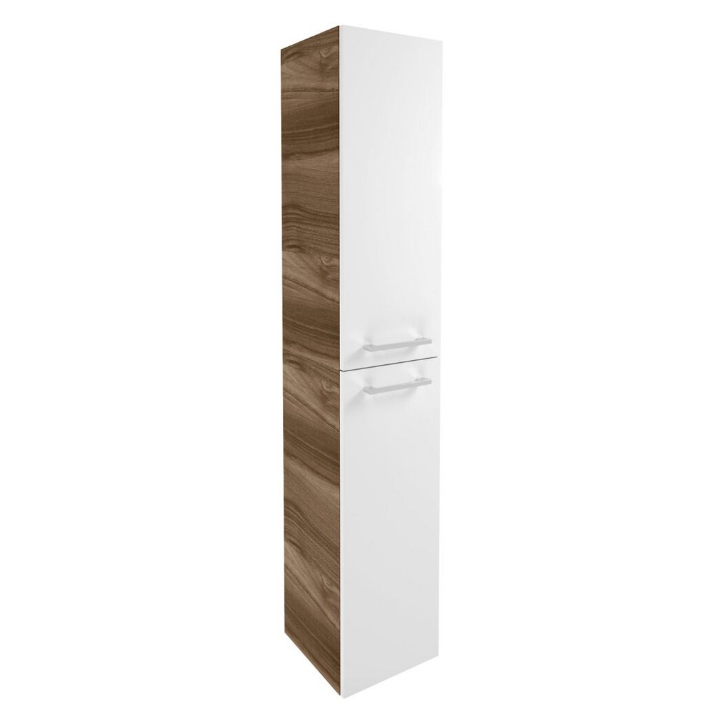 Weißer Hochschrank mit zwei Türen und brauner Seitenwand