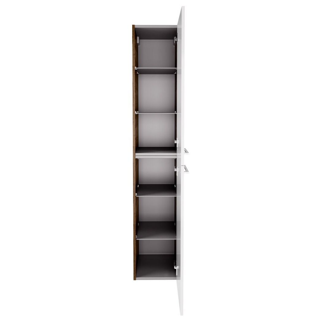 Weißer Hochschrank mit offener Tür und braunem Innenraum.