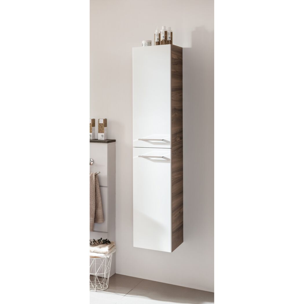 Weißer Hochschrank mit zwei Türen und brauner Seitenwand