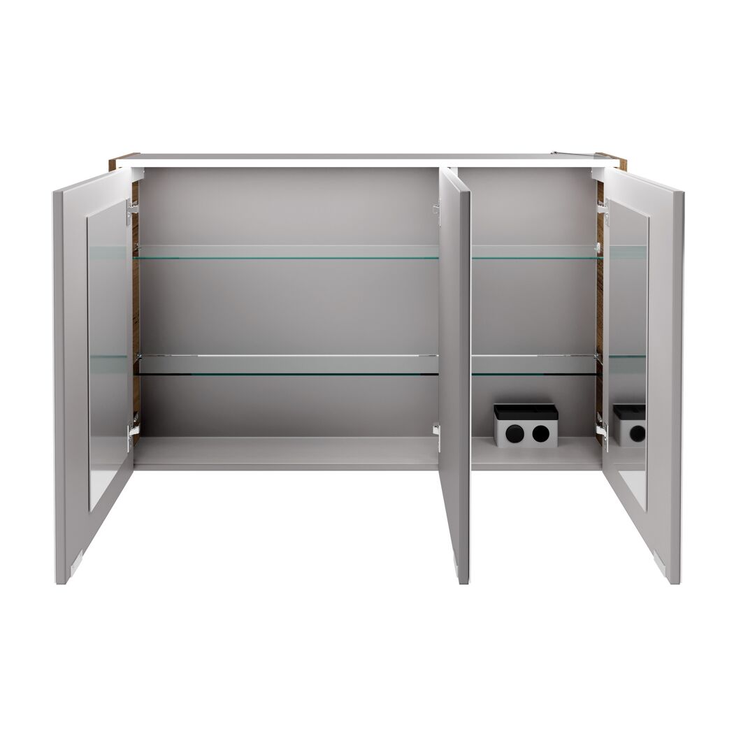Geöffneter Spiegelschrank mit Glaseinlegeböden