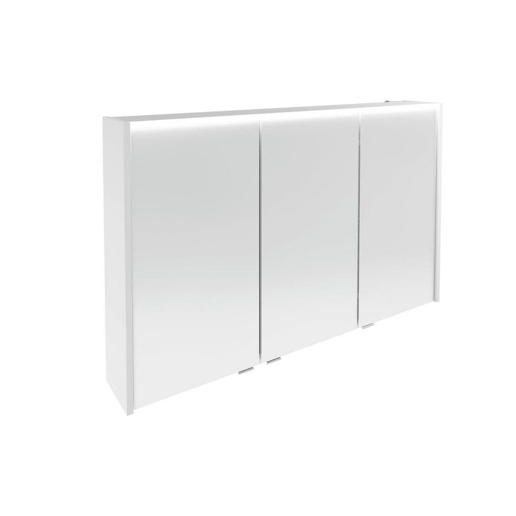 Weißer Spiegelschrank mit drei Türen.