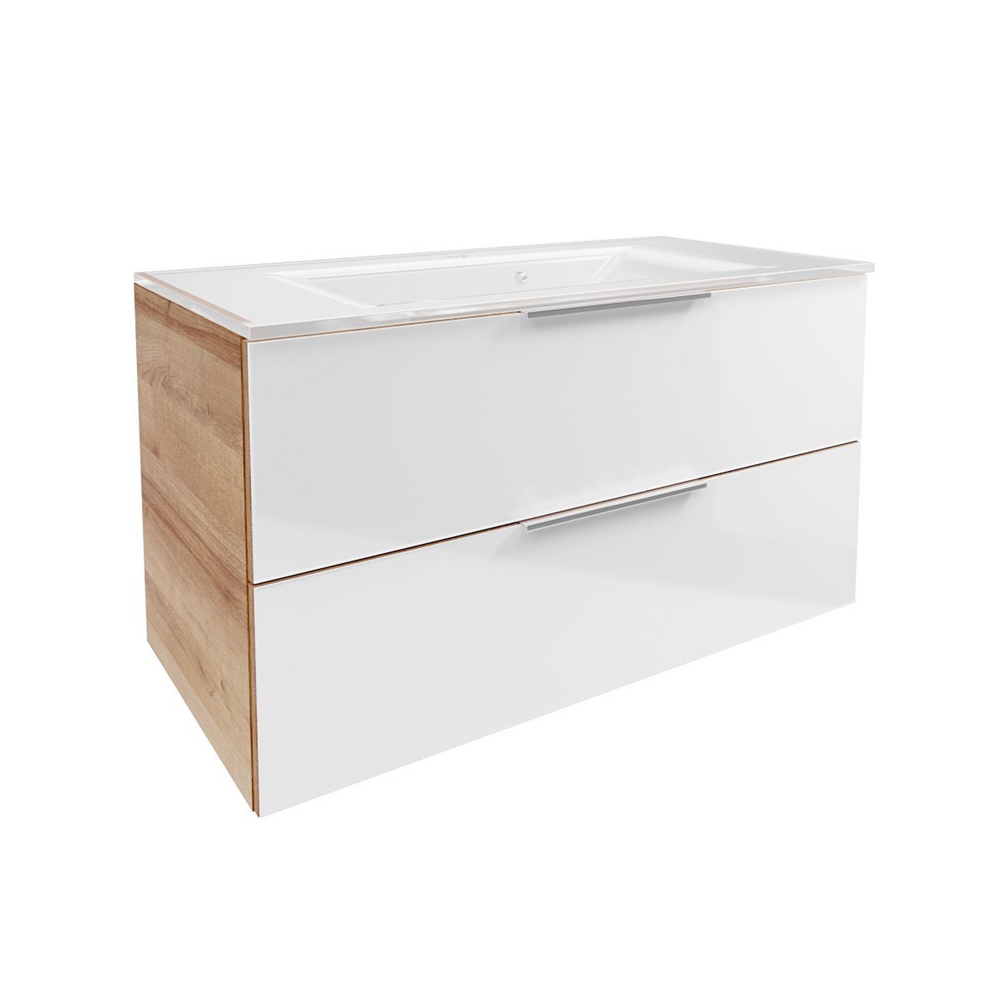 Weißer Waschtisch mit zwei Schubladen und Holzseite