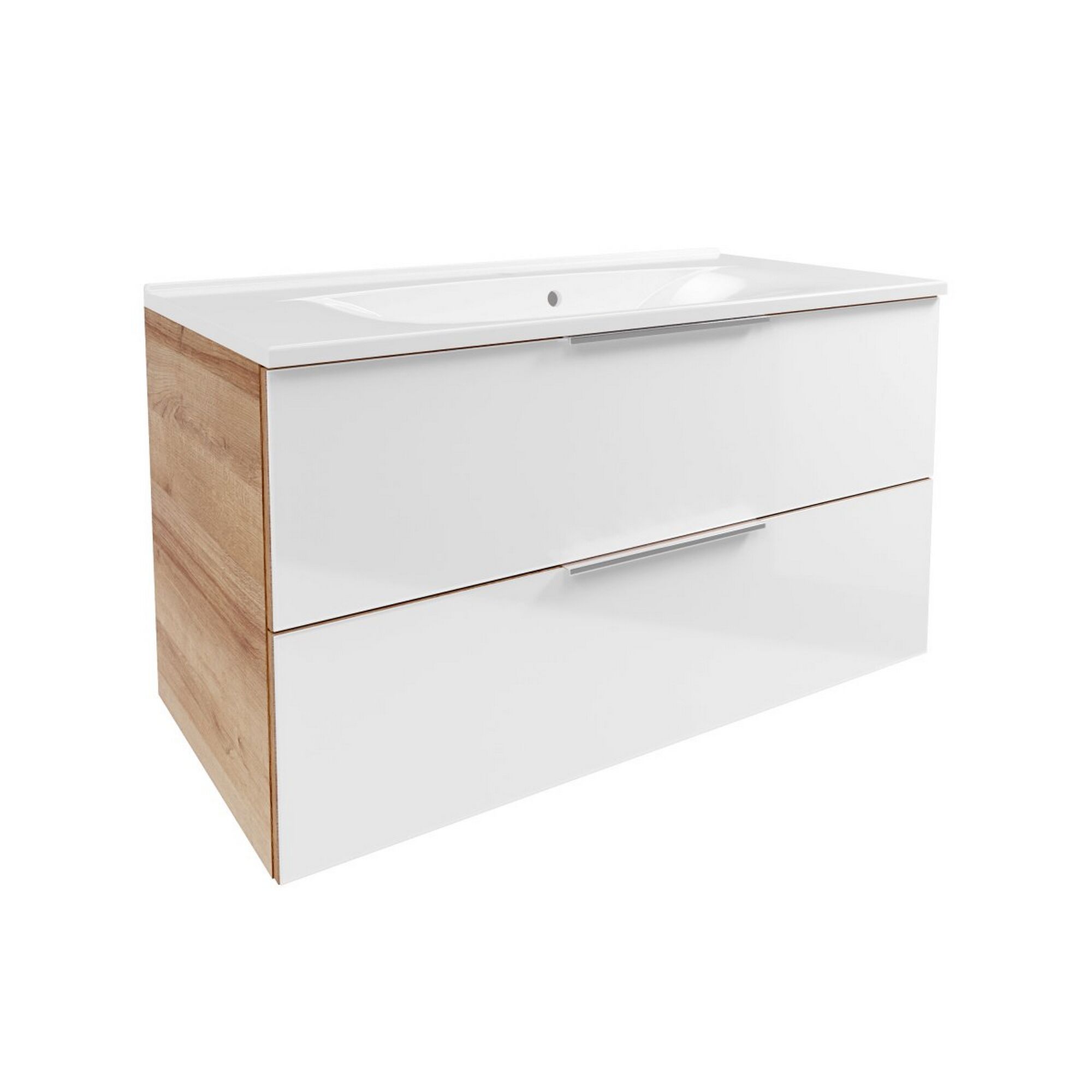 Weißer Waschtisch mit zwei Schubladen und Holzakzenten.