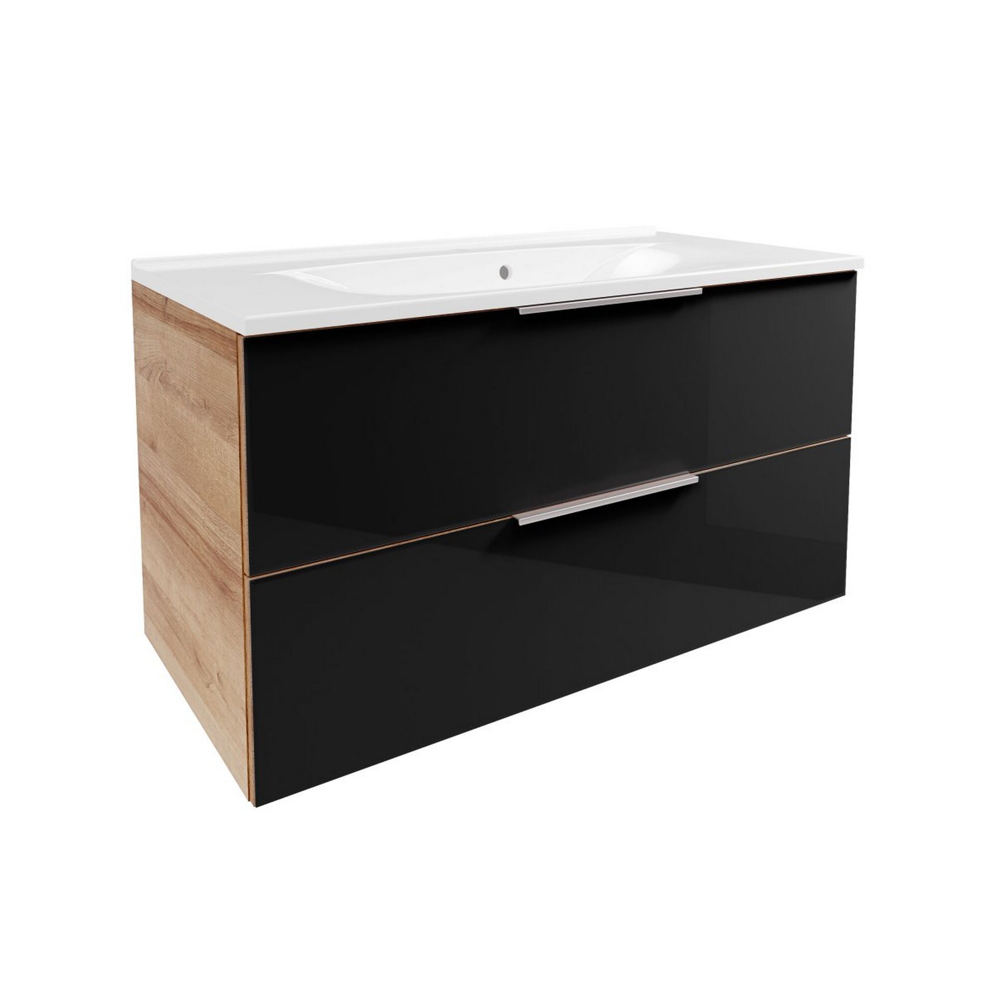 Schwarzer Waschtischunterschrank mit weißem Waschbecken
