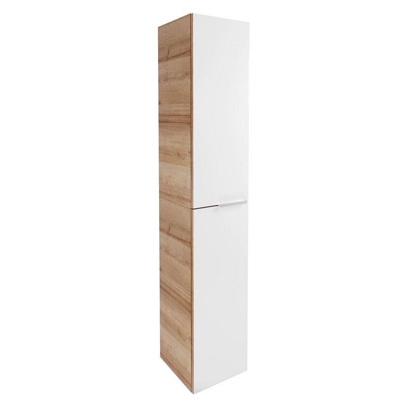 Weißer Hochschrank mit Holzelementen