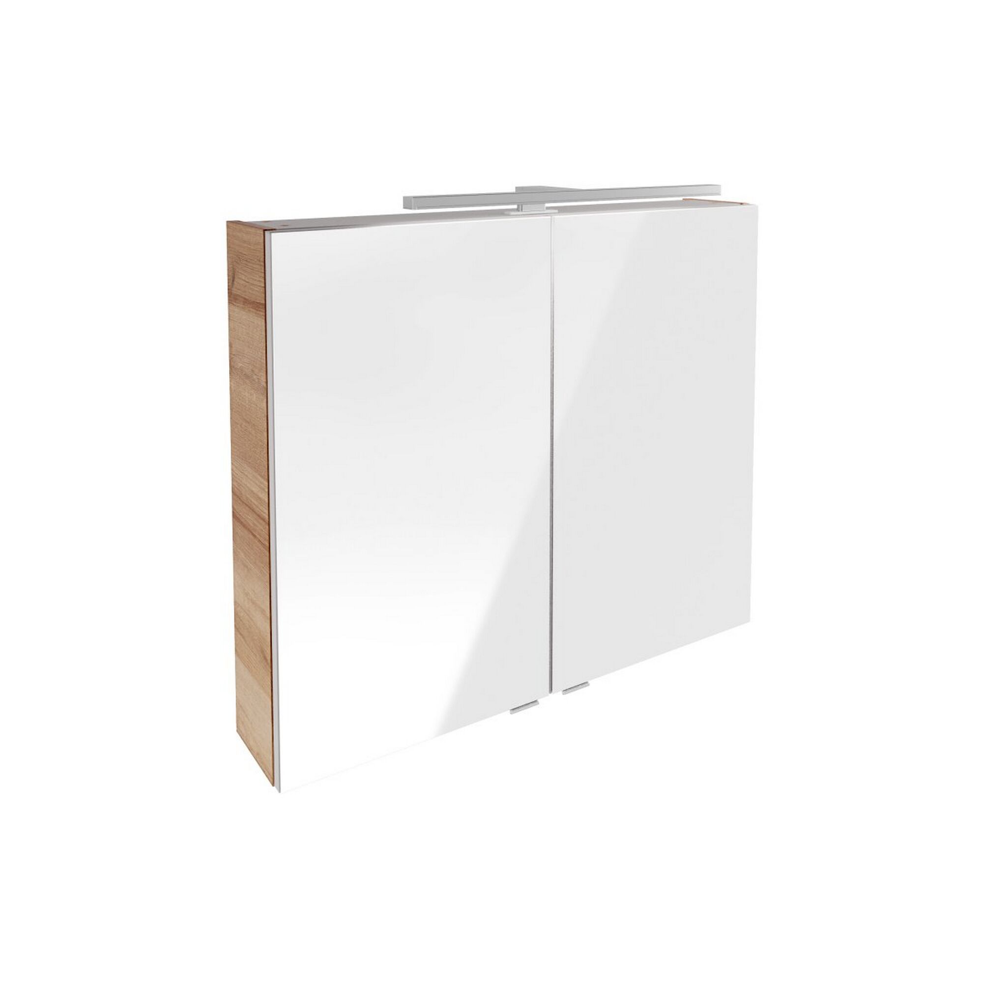 Badezimmerspiegel mit zwei Spiegeltüren und Leuchte