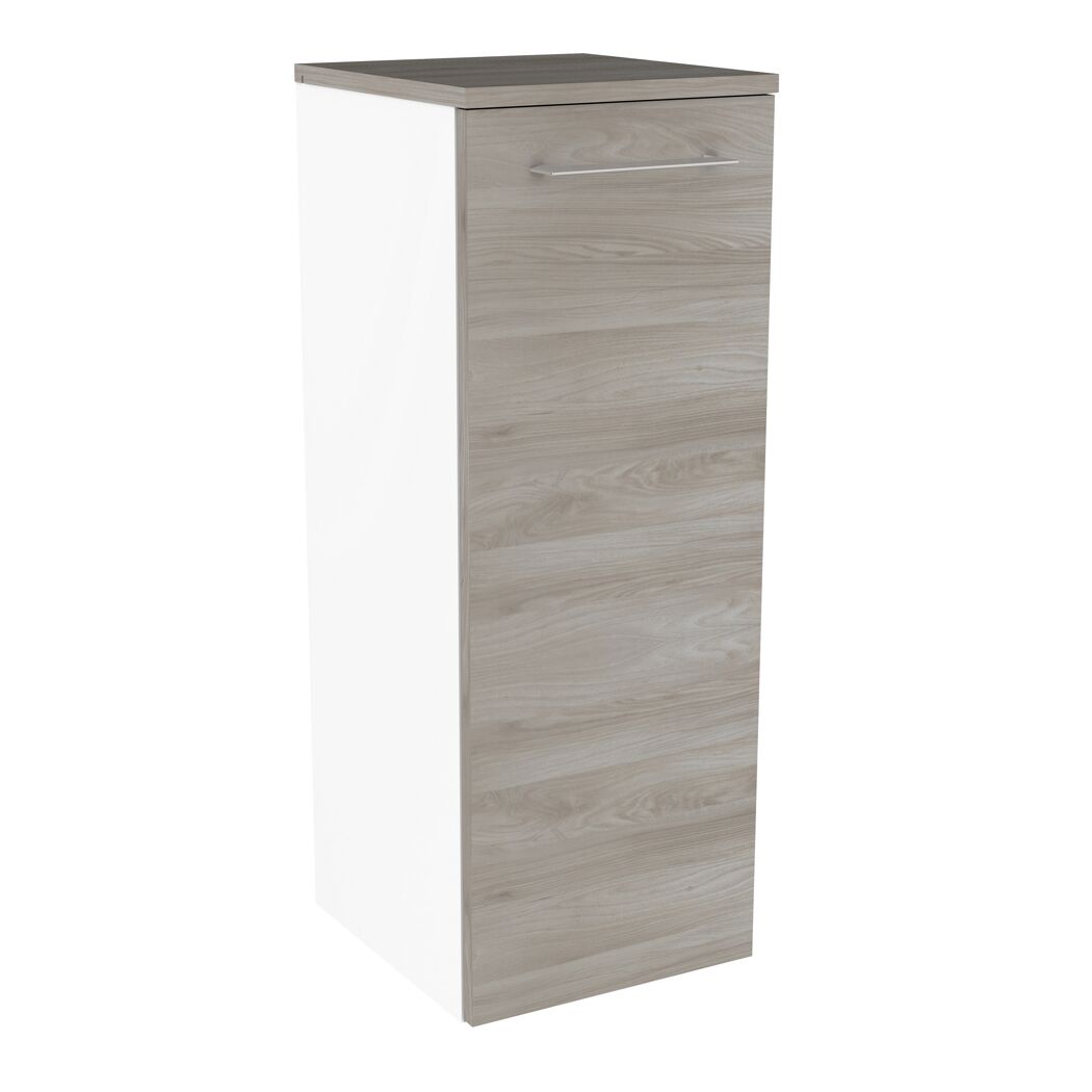 Weißer Hochschrank mit Holztür und silbernem Griff.