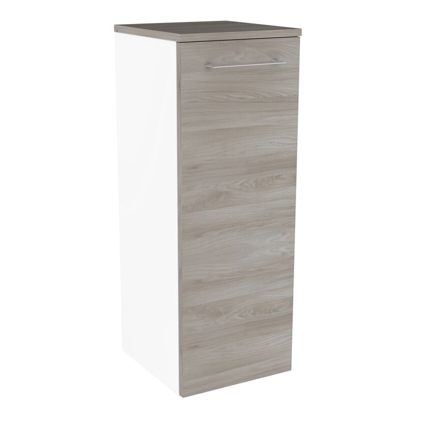 Weißer Hochschrank mit Holztür und silbernem Griff.