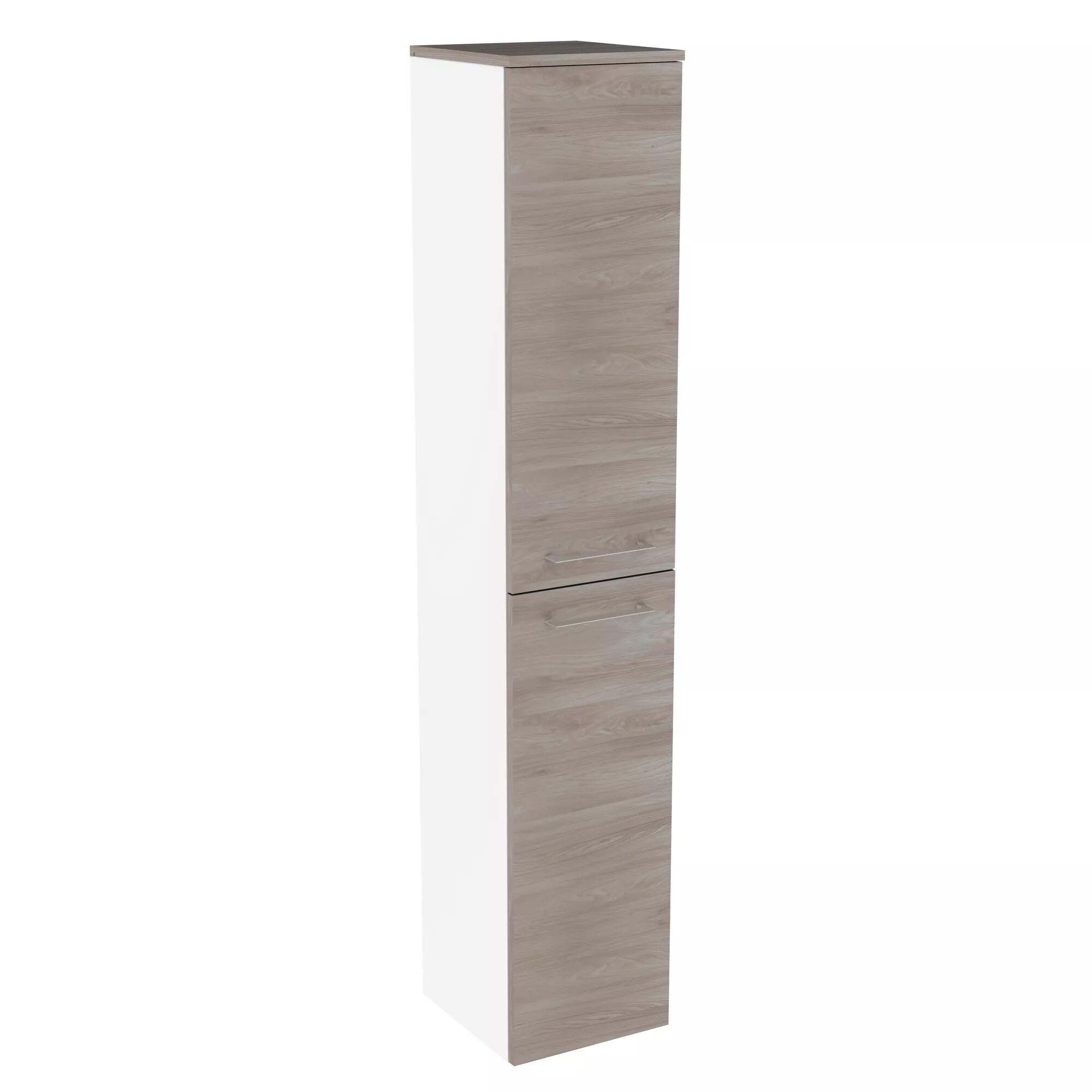 Hoher, weißer Badezimmerschrank mit zwei Holztüren.