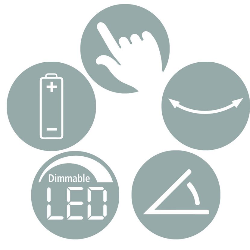 Produktmerkmale: Batteriebetrieben, Touch-Sensor, dimmbare LED, schwenkbar, Winkel einstellbar