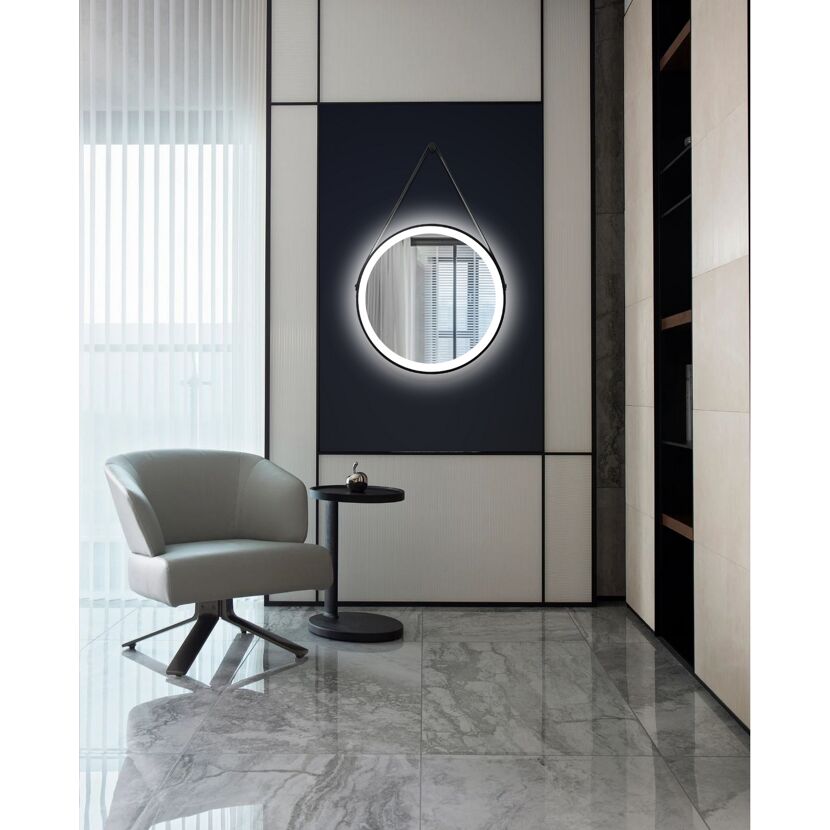 Runder LED-Spiegel mit schwarzem Lederband
