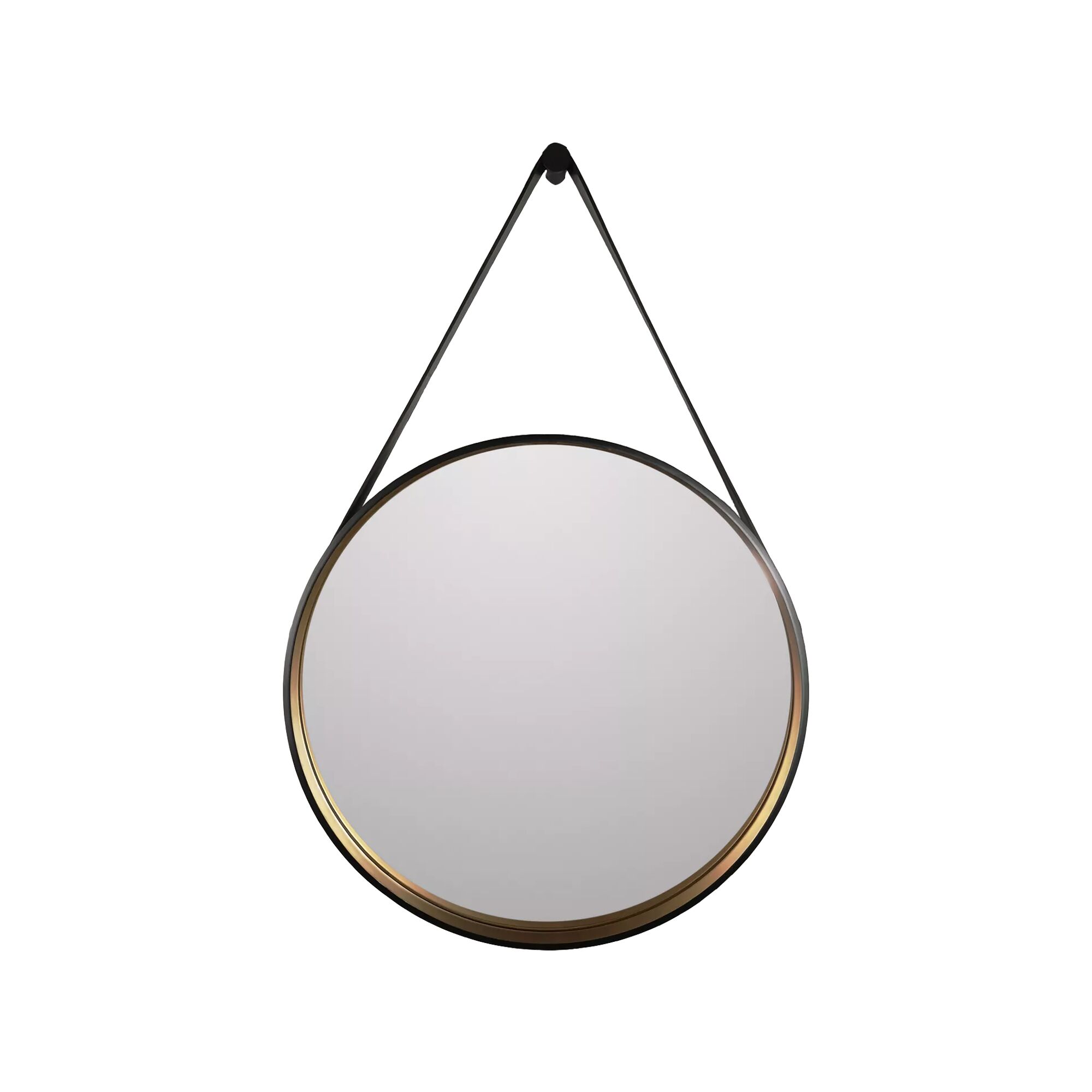 Runder Spiegel mit goldfarbenem Rand und schwarzer Aufhängung